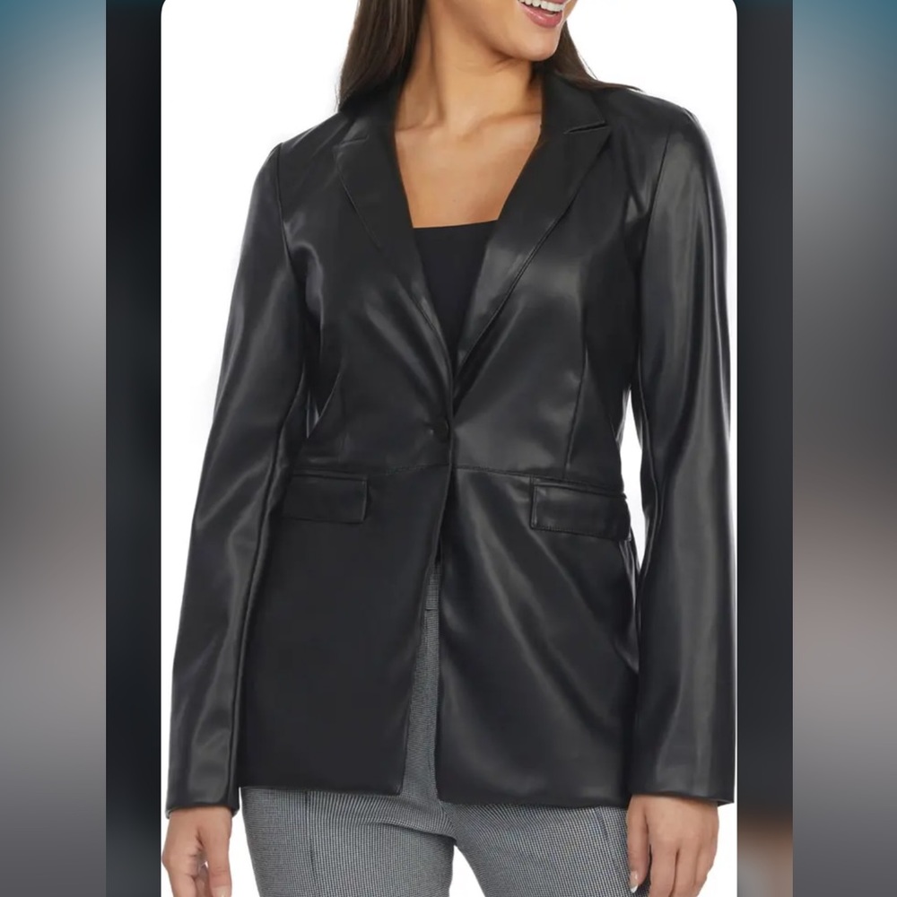 Faux Leather Blazer Black Single Button NWT Size Large Vegan Leather